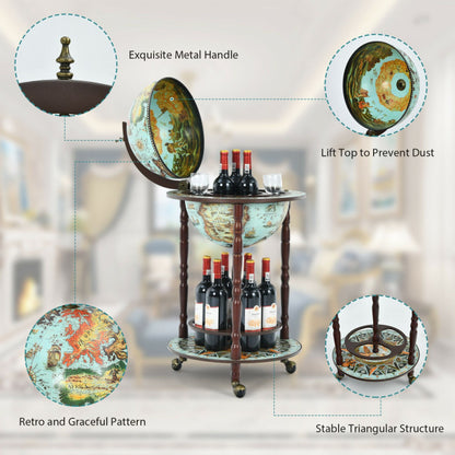 17 Inch Globe Wine Bar Stand 16th Century Italian Map Liquor Bottle Shelf Cart