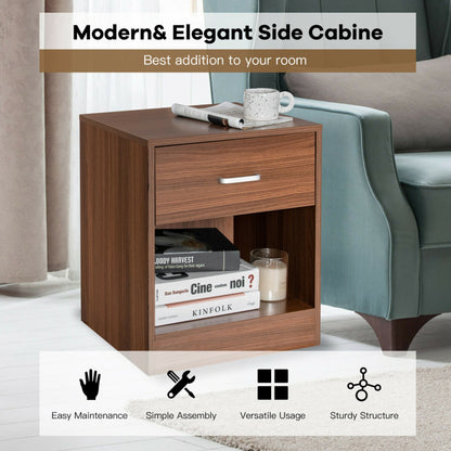 2-Tier Modern Wooden Nightstand with Storage Drawer and Open Cabinet