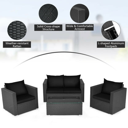 4-Piece Patio Rattan Conversation Set with Padded Cushion and Tempered Glass Coffee Table