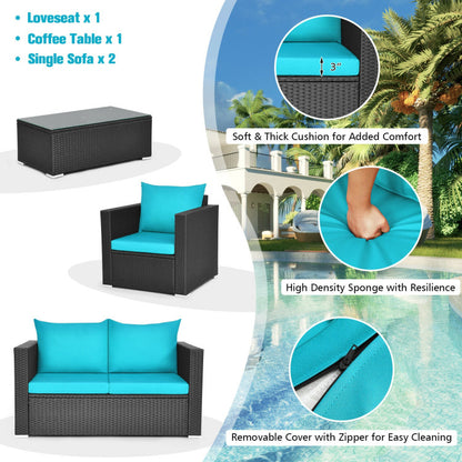 4-Piece Patio Rattan Conversation Set with Padded Cushion and Tempered Glass Coffee Table