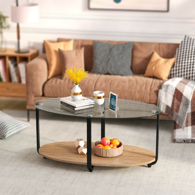 2-Tier Glass-Top Modern Coffee Table with Storage Shelf