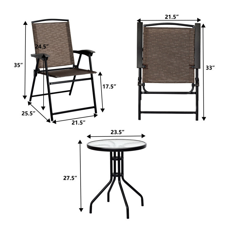 3-Piece Bistro Patio Garden Furniture Set of Round Table and Folding Chairs