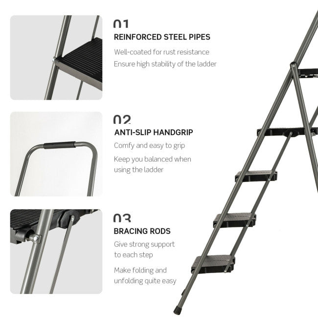 4 Step Folding Ladder with Built-in Tool Tray and Anti-Slip Footpads