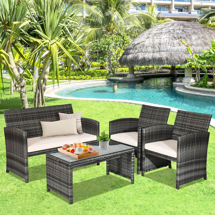 4 Pieces Patio Rattan Furniture Set with Glass Table and Loveseat