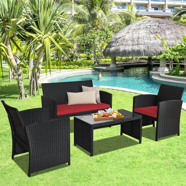 4-Piece Wicker Conversation Furniture Set Patio Sofa and Table Set