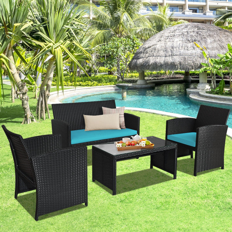 4-Piece Wicker Conversation Furniture Set Patio Sofa and Table Set