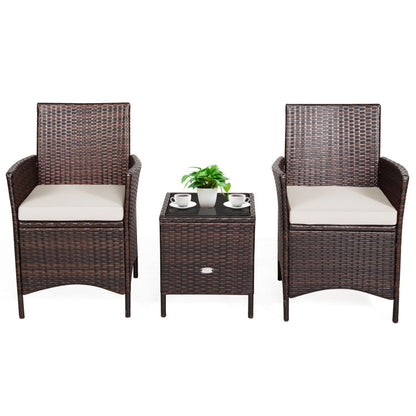 3-Piece Patio Rattan Furniture Set Cushioned Sofa and Glass Tabletop