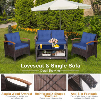 4-Piece Patio Rattan Furniture Set with Cushioned Sofa and Storage Table