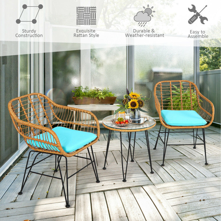 3-Piece Rattan Furniture Set with Cushioned Chair Table