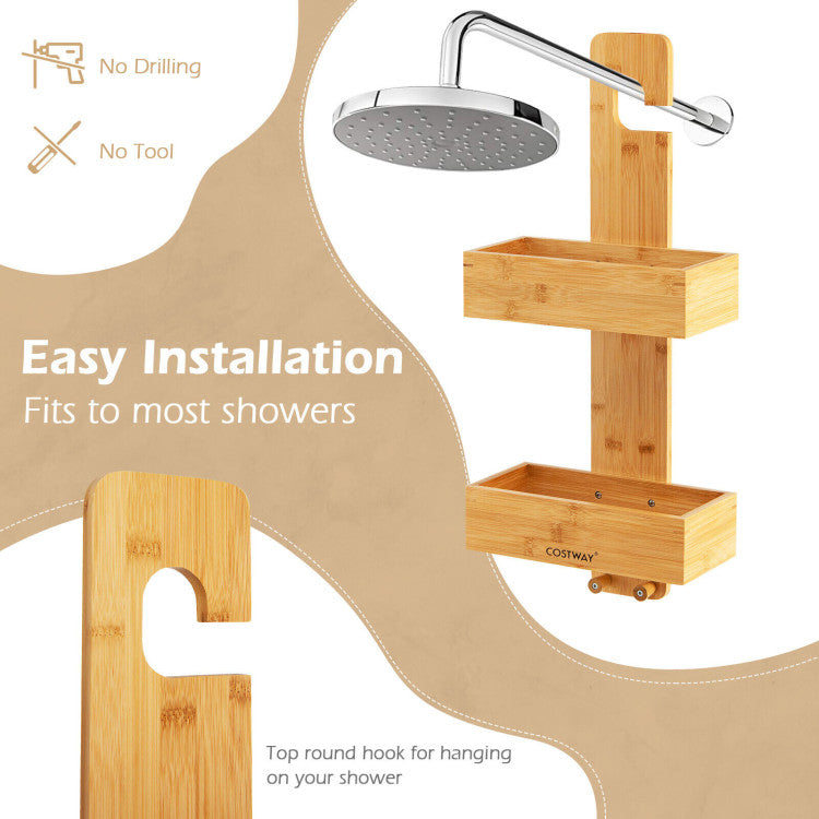 2-Tier Bamboo Hanging Shower Caddy Bathroom Shelf with 2 Hooks