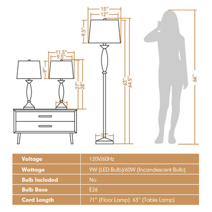 3-Piece Modern Nickel Finish Lamp Set