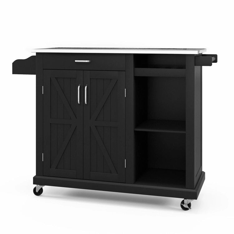 2-Door Rolling Kitchen Island Cart with Stainless Steel Top and Wine Storage Shelf