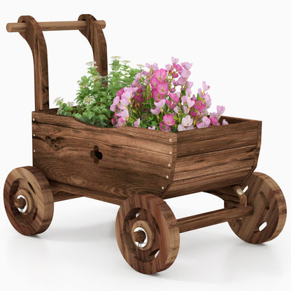 Decorative Wooden Wagon Cart with Handle and Drainage Hole