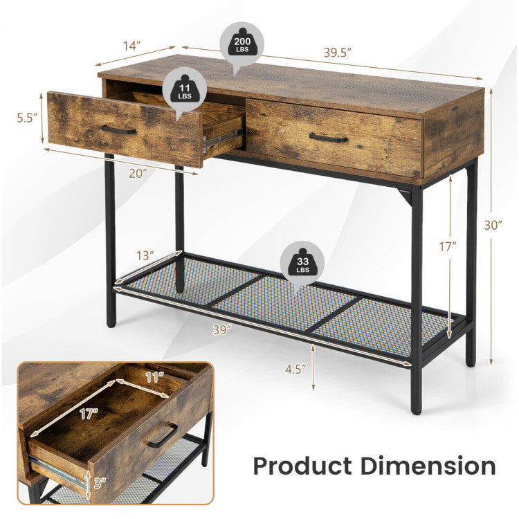 2 Drawers Industrial Console Table with Steel Frame for Small Space