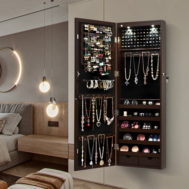 Lockable Wall Mount Mirrored Jewelry Cabinet with LED Lights