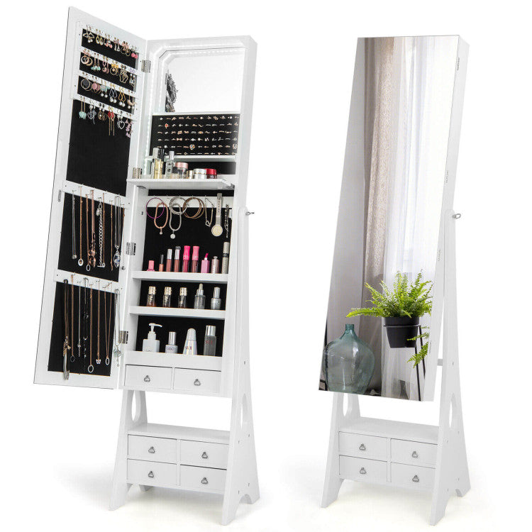 Freestanding Full Length LED Mirrored Jewelry Armoire with 6 Drawers