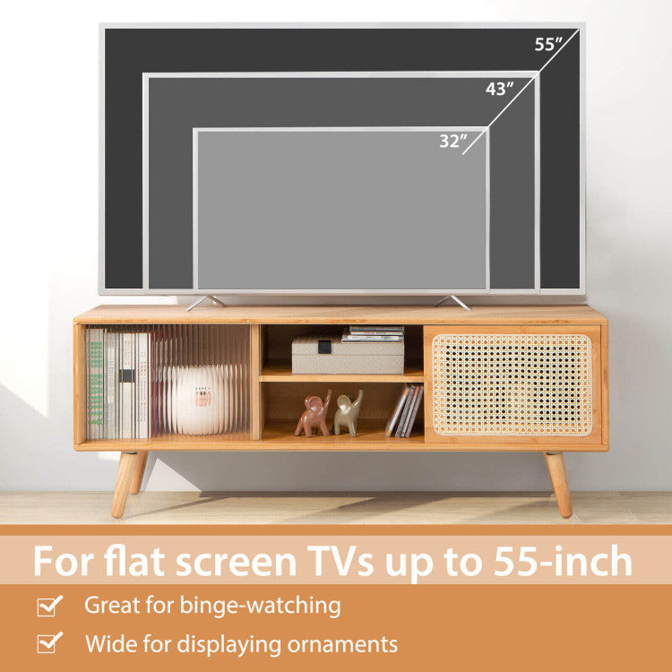 Modern TV Stand with Rattan Glass Sliding Doors