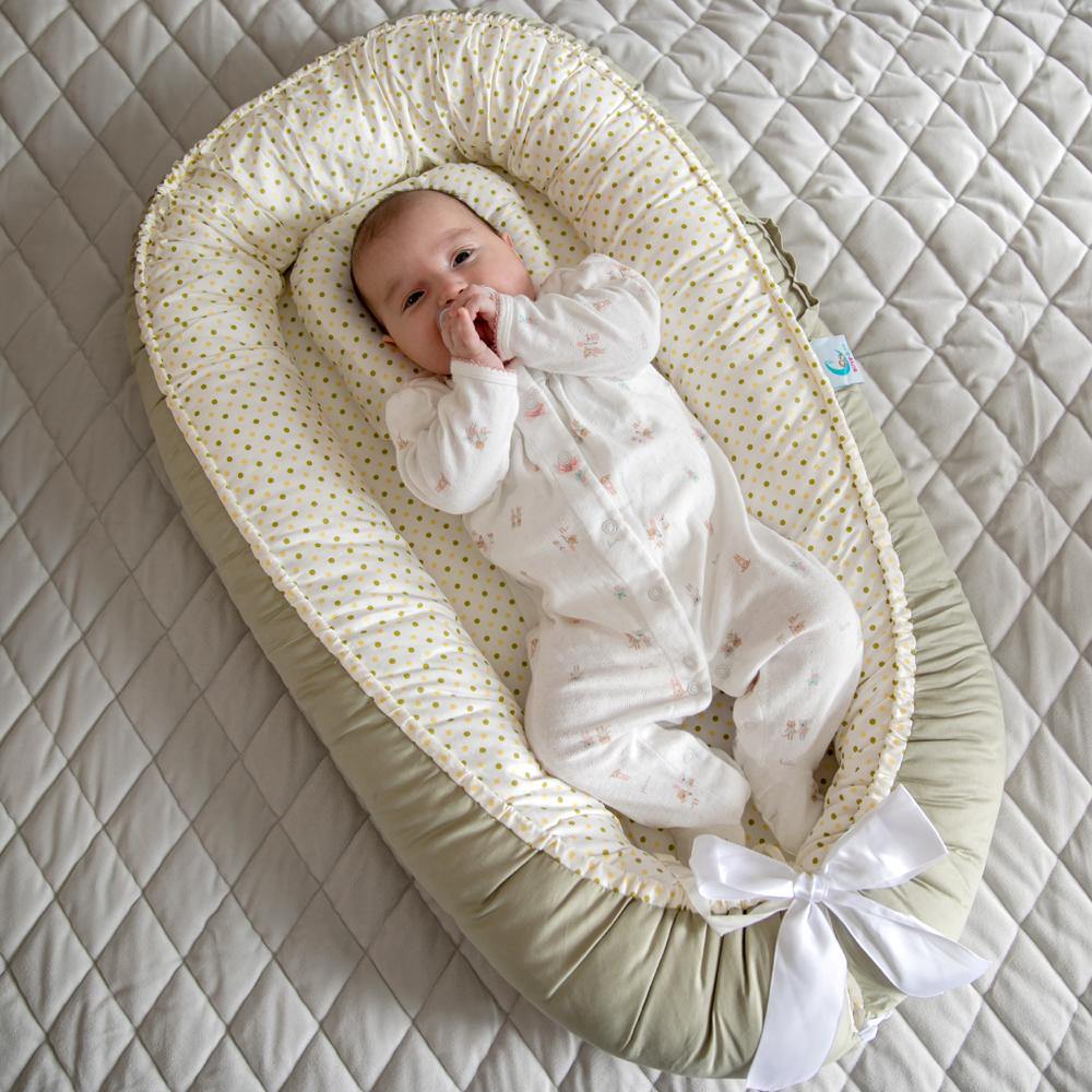 Bitsy-Boo Newborn Bed Nest Baby Lounger Grey Polka Khaki