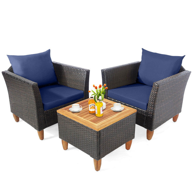 3-Piece Patio Rattan Bistro Furniture Set with Wooden Table Top