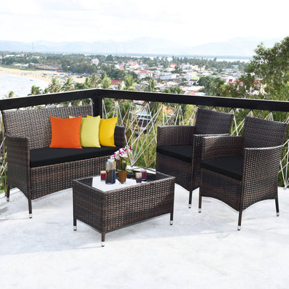 4 Pieces Comfortable Outdoor Rattan Sofa Set with Glass Coffee Table