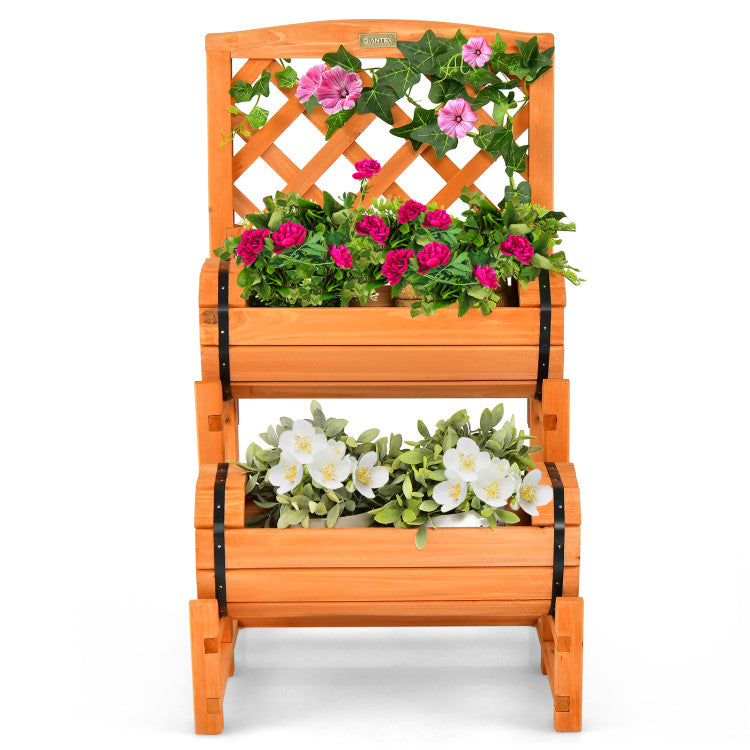 2-Tier Raised Garden Bed with 2 Cylindrical Planter Boxes and Trellis