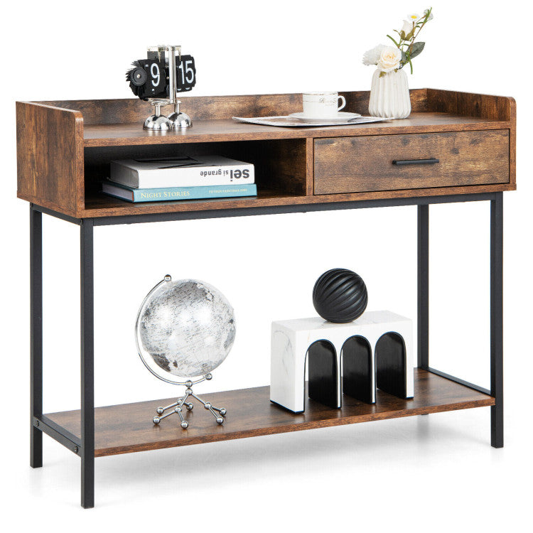 Long Console Table with Drawer and Metal Frame