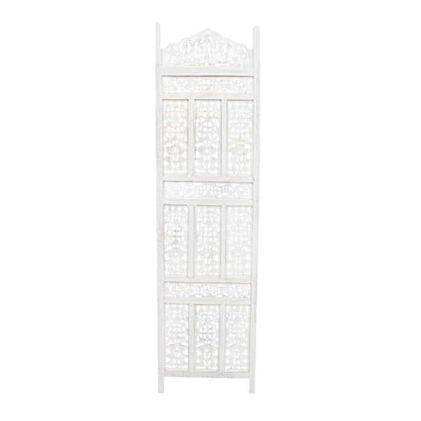 Aesthetically Carved 4 Panel Wooden Partition Screen/Room Divider, Distressed White