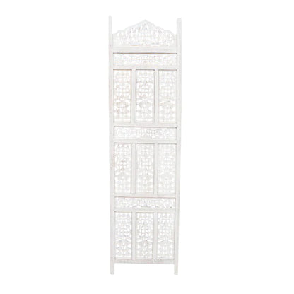 Aesthetically Carved 4 Panel Wooden Partition Screen/Room Divider, Distressed White