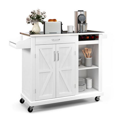 2-Door Rolling Kitchen Island Cart with Stainless Steel Top and Wine Storage Shelf