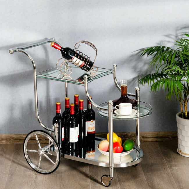 Kitchen Glass Shelves Metal Frame Serving Rolling Cart