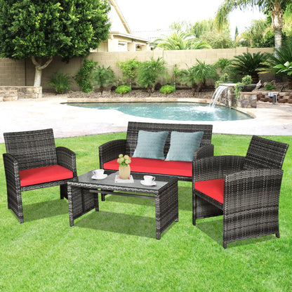 4 Pieces Patio Rattan Furniture Set with Glass Table and Loveseat