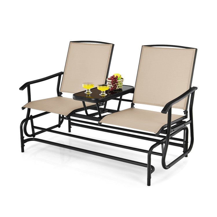 2-Person Double Rocking Loveseat with Mesh Fabric and Center Tempered Glass Table