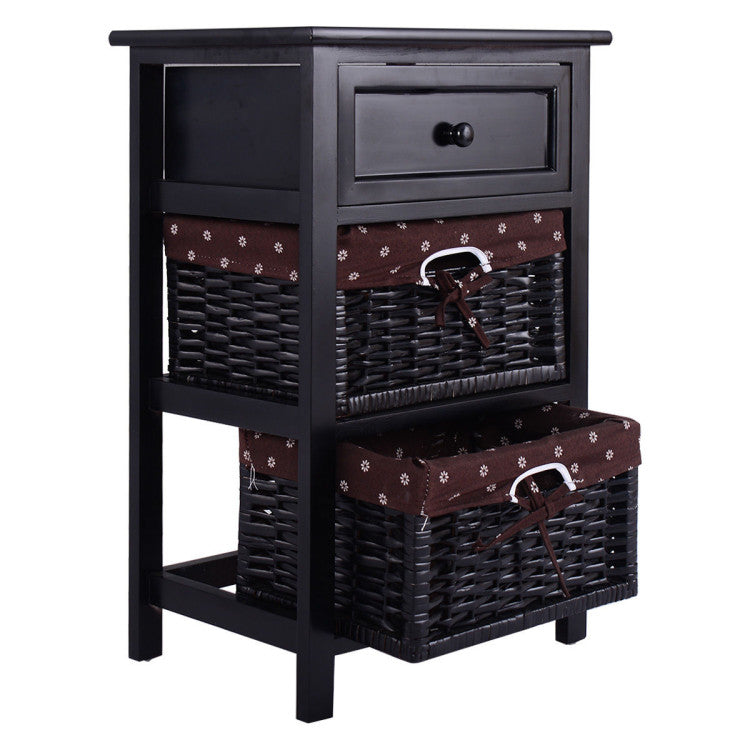 3 Tiers Wooden Storage Nightstand with 2 Baskets and 1 Drawer