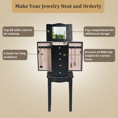 Wood Mirrored Jewelry Storage Chest Cabinet
