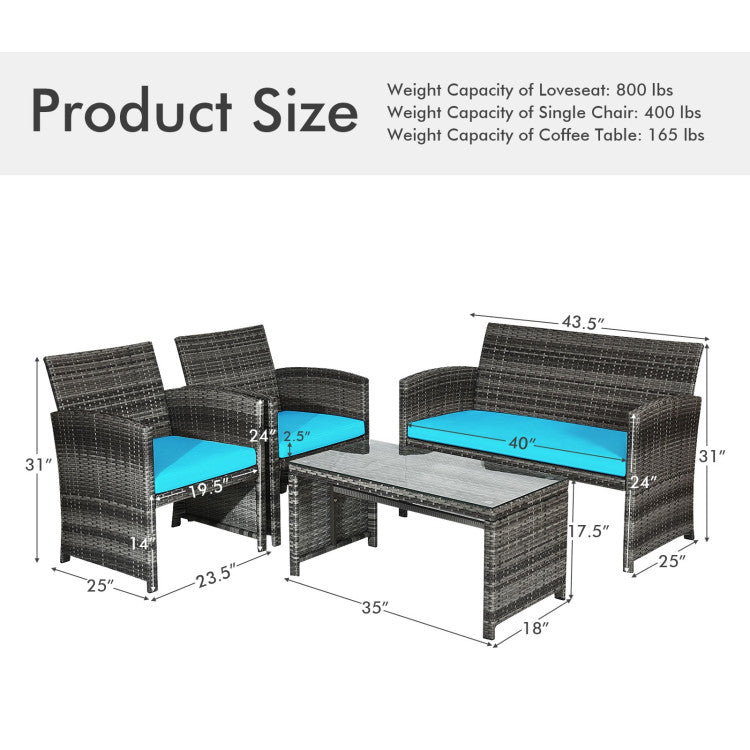 4 Pieces Patio Rattan Furniture Set with Glass Table and Loveseat