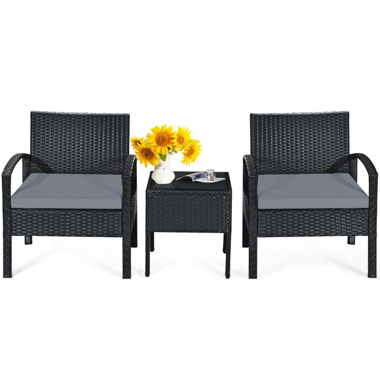 3-Piece Outdoor Rattan Patio Conversation Set with Seat Cushions