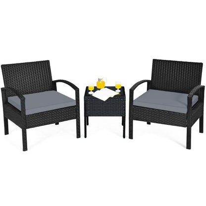 3-Piece Outdoor Rattan Patio Conversation Set with Seat Cushions