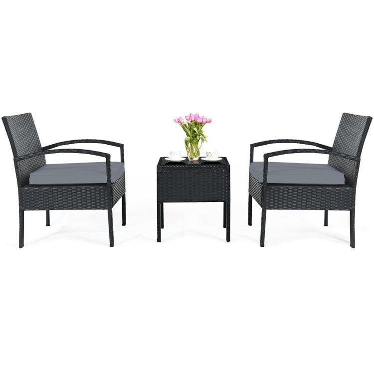 3-Piece Outdoor Rattan Patio Conversation Set with Seat Cushions