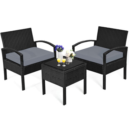 3-Piece Outdoor Rattan Patio Conversation Set with Seat Cushions