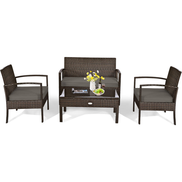 4 Pieces Patio Rattan Cushioned Furniture Set with Loveseat and Table