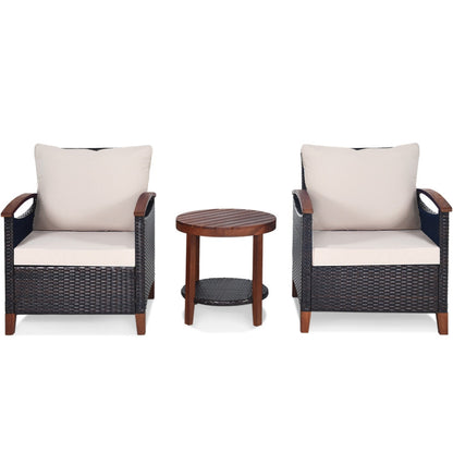 3-Piece Patio Rattan Furniture Set with Washable Cushion and Acacia Wood Tabletop