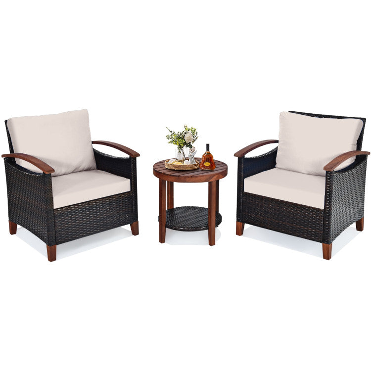 3-Piece Patio Rattan Furniture Set with Washable Cushion and Acacia Wood Tabletop