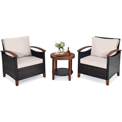 3-Piece Patio Rattan Furniture Set with Washable Cushion and Acacia Wood Tabletop