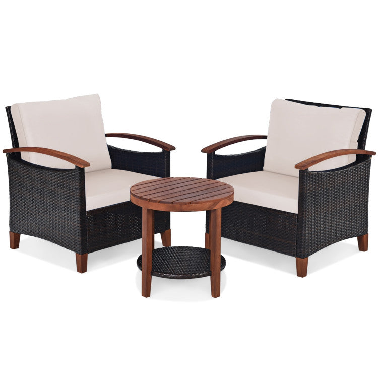 3-Piece Patio Rattan Furniture Set with Washable Cushion and Acacia Wood Tabletop