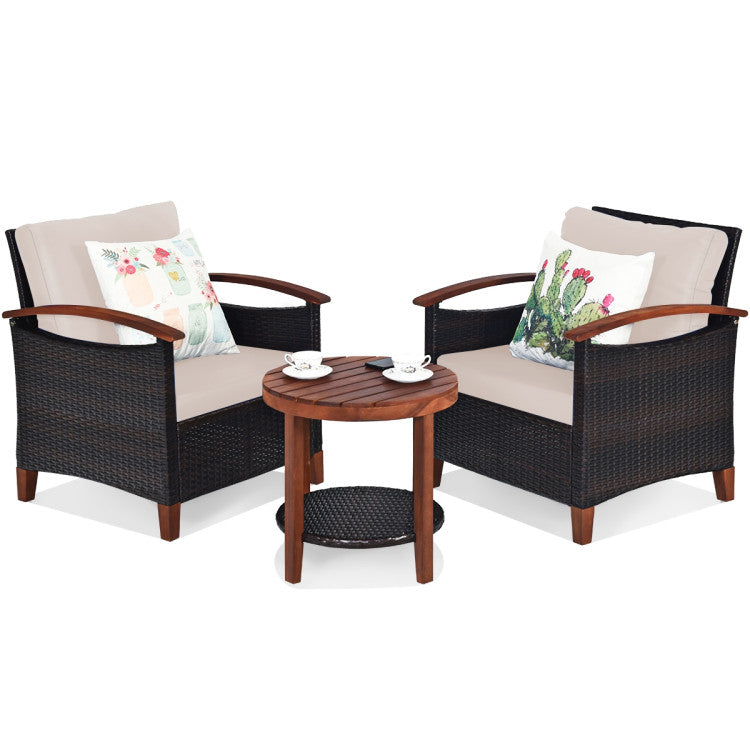 3-Piece Patio Rattan Furniture Set with Washable Cushion and Acacia Wood Tabletop