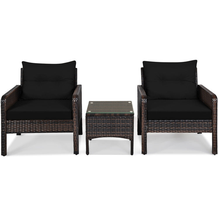 3-Piece Outdoor Patio Rattan Conversation Set with Seat Cushions