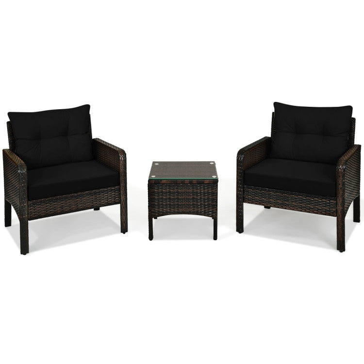 3-Piece Outdoor Patio Rattan Conversation Set with Seat Cushions