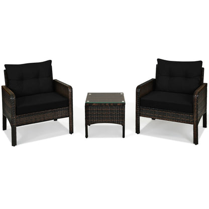 3-Piece Outdoor Patio Rattan Conversation Set with Seat Cushions