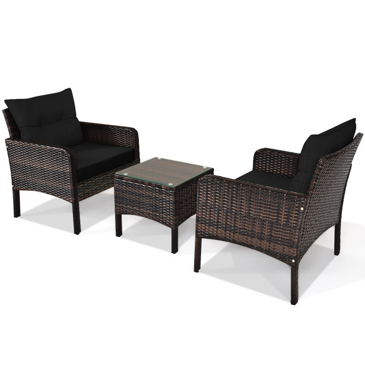 3-Piece Outdoor Patio Rattan Conversation Set with Seat Cushions