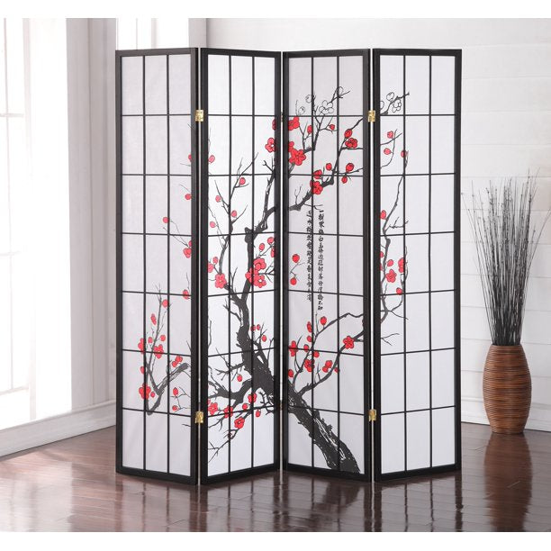 Round hill Furniture Japanese Plum Blossom 4 Panel Room Divider, 71" Tall, Black